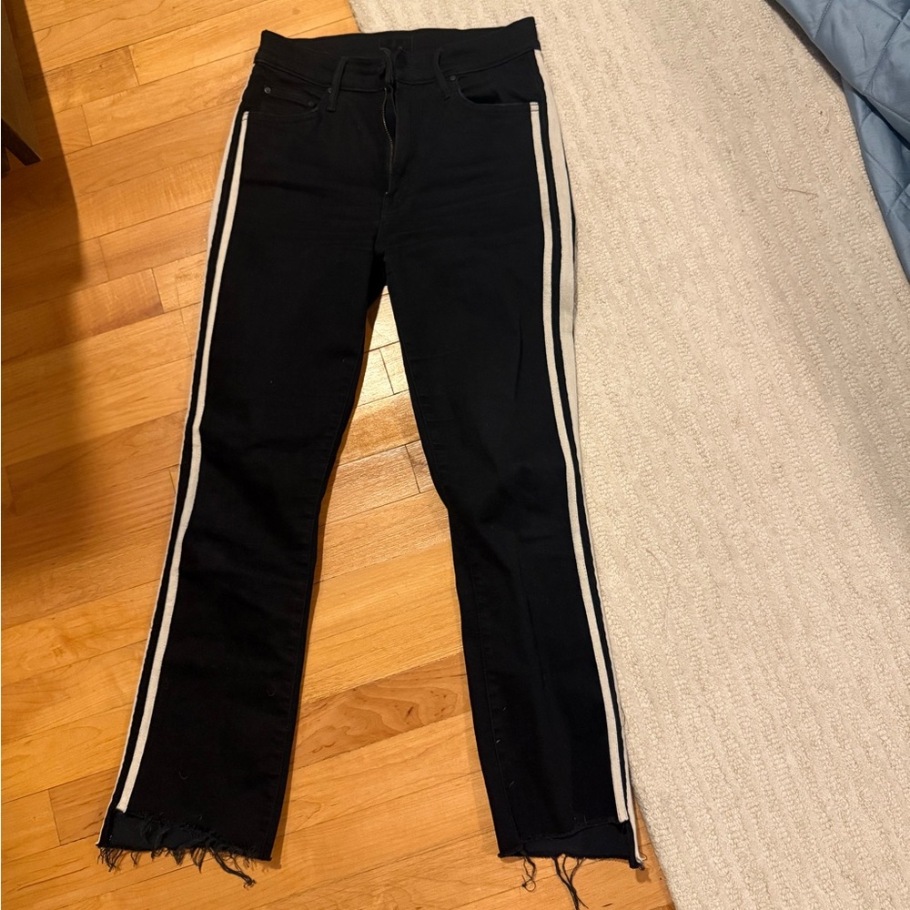 Mother cropped flare Black Jeans with White Stripes